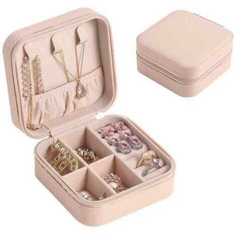 Boîte de rangement à bijoux rose poudré, idéale pour offrir ou ranger boucles d'oreilles, colliers et bagues. Parfaite pour la maison ou le bureau.