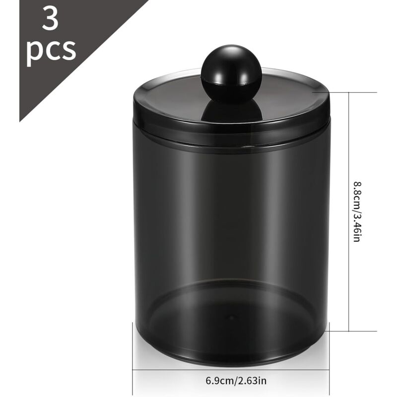 Boîte de Rangement à Coton Tige 3 Pièces , Distributeur Pot de Tampons de Coton Noir Transparent avec Couvercles, pour Boules de Coton, Maquillage