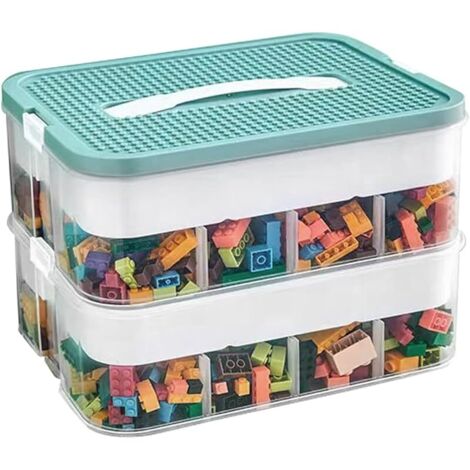 Boîte de rangement à deux niveaux pour briques de construction Lego - Compartiments de rangement empilables - Caisses de rangement avec couvercle - Boîtes empilables en plastique - Petites pièces -