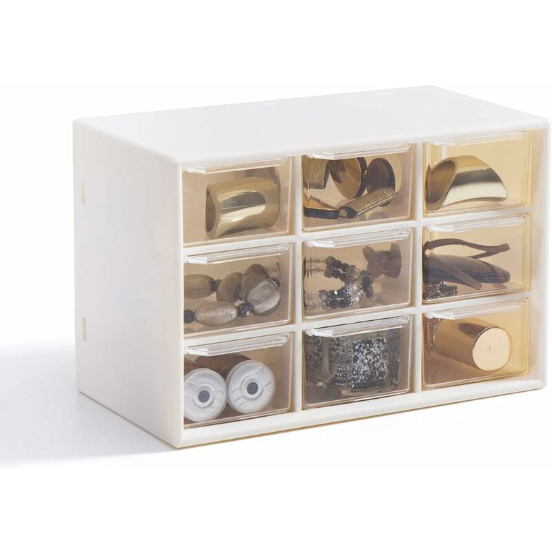 Boîte de rangement à tiroirs 9 compartiments, Organisateur avec Tiroirs 9 Transparents Boîte de rangement anti-poussière pour bijoux, perles,