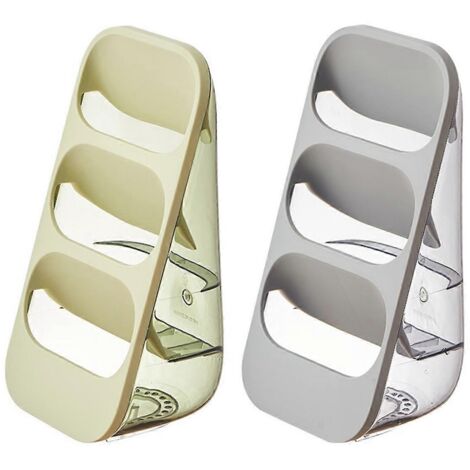 Boîte de rangement à trois niveaux avec égouttoir pour ustensiles de cuisine, verte et grise.