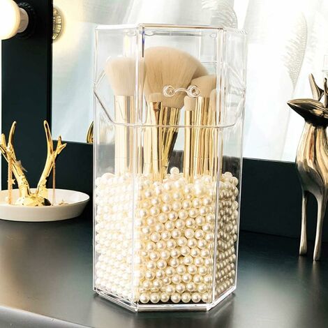 Boîte de Rangement Acrylique hexagonale, boîte de Rangement de Bureau, Porte-Stylo, Pinceau de Maquillage, Eye-Liner, Rouge à lèvres et Autres Articles boîte de Rangement (avec Perles Blanches)
