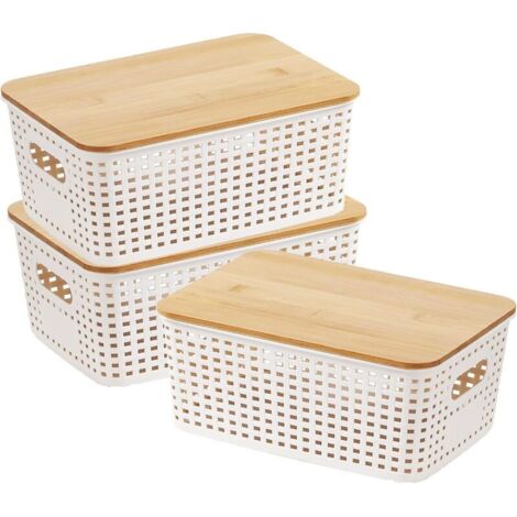 boite de rangement avec couvercle 3pcs caisse rangement plastique avec couvercle en bambou 5L, 25,3 x 18,1 x 10,7 cm Blanc paniers de rangement Pour cuisine, salle de bain, chambre à coucher