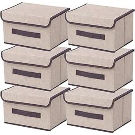 Boite de Rangement avec Couvercle,Boite Rangement Tissu,Cube de Rangement tissu,Pliantes,Boîtes de Rangement pour placards,Vêtements,Penderies,Jouets (26×19×16cm/6pack, Beige Blanc)