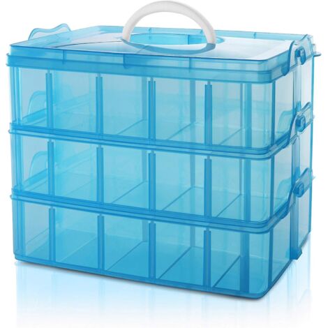 Boîte de rangement bleue en plastique à 3 niveaux et compartiments réglables - 30 compartiments - Idéale pour les jouets, les bijoux, les perles et les loisirs créatifs