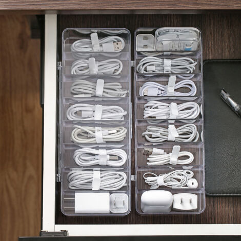 Boîte de Rangement Câbles Bureau Transparente - Organisateur Câbles Chargeur 8 Compartiments