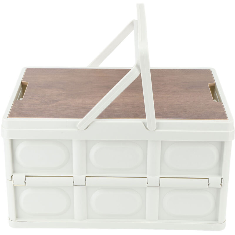 Boîte de Rangement Camping Portable avec Poignée et Couvercle Bois Amovible