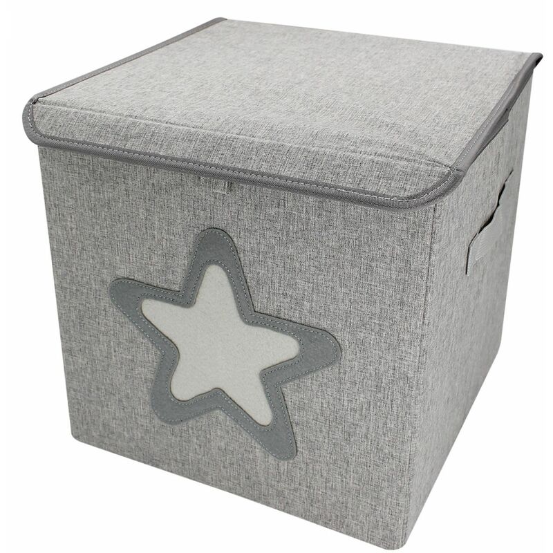 Monsieur Bébé - Boite de rangement, coffre à jouets pour enfant avec couvercle - 33 x 33 x 33 cm - Gris Étoile