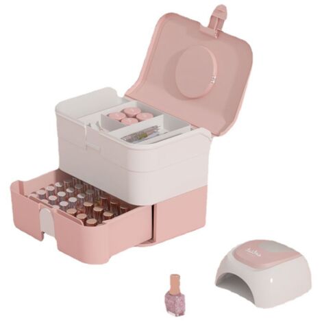 Boîte de Rangement Cosmétique 2 Étages Portable Grande Capacité pour Vernis à Ongles et Maquillage Rose