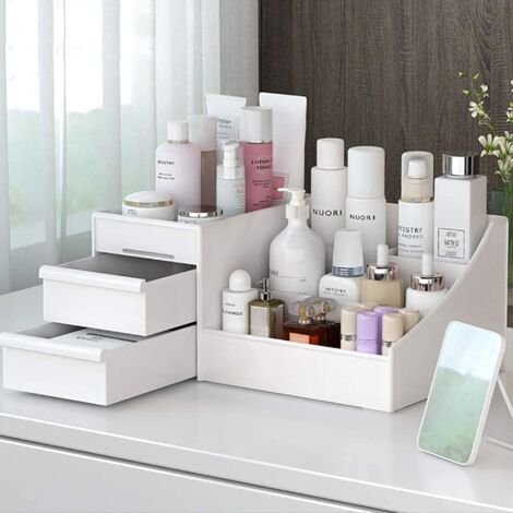 Boîte de rangement cosmétique grande capacité pour maquillage, organisateur de soins de la peau, boîte de rangement pour bijoux (blanche)