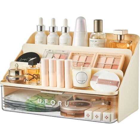 Boîte de rangement cosmétique jaune  pour coiffeuse.