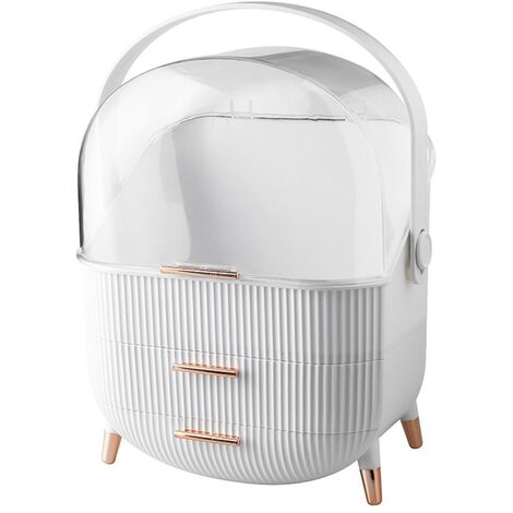Boîte de rangement cosmétique universelle, protection solaire, couvercle anti-poussière transparent, grande capacité, avec tiroir, avec poignée, matériau plastique/acrylique, blanc