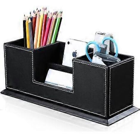 Boîte de rangement de bureau en cuir PU avec 4 compartiments pour stylos, cartes de visite, télécommande, téléphone portable et produits cosmétiques.