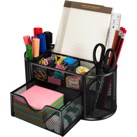 Boîte de rangement de bureau multifonctionnelle, boîte de rangement pour bureau, porte-stylo, boîte de rangement de bureau peu encombrante avec tiroirs et séparateurs en maille métallique.