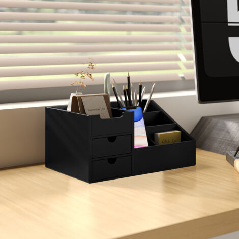Boite de Rangement de Bureau - Organiseur de Bureau - 7 Compartiments. 2 tiroirs - Bambou Verni Noir