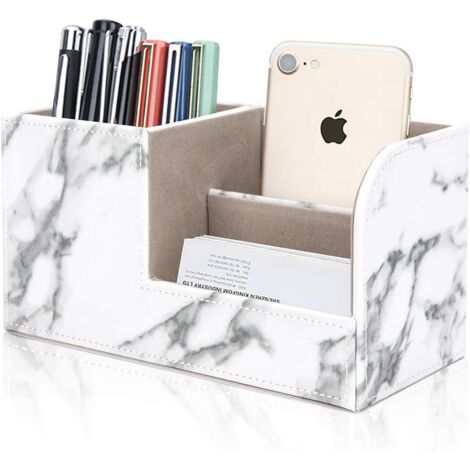 Boîte de rangement de bureau, porte-stylo multifonctionnel, support de bureau en cuir PU en marbre blanc à la mode, convient pour la boîte de rangement de papeterie, carte de visite, stylo, téléphone 