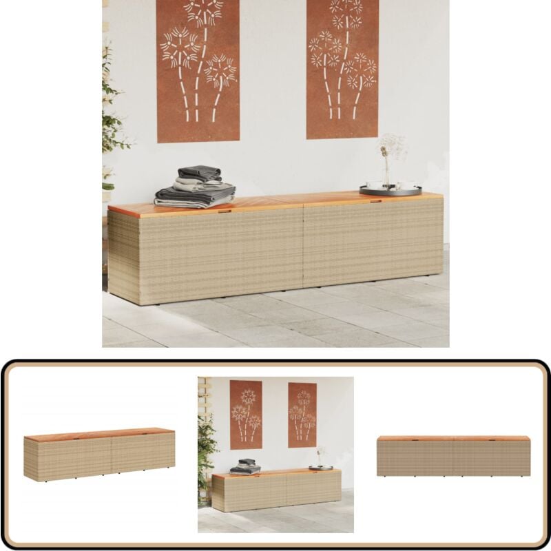 Boîte de rangement de jardin beige résine tressée bois d'acacia - Boîte De Rangement Jardin - Coffre De Jardin - Rangement Exterieur - Meuble De