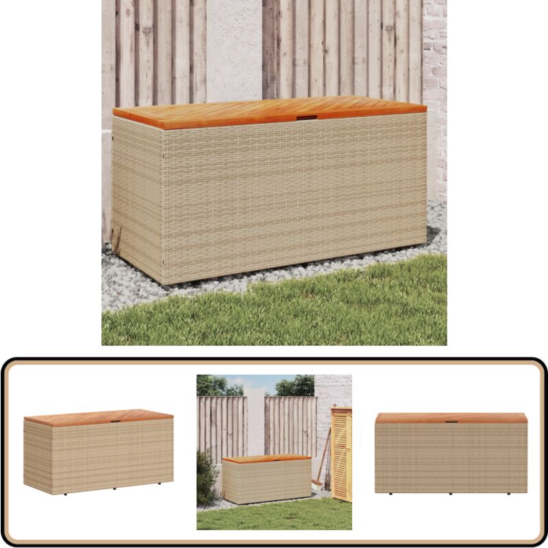 Boîte de rangement de jardin beige résine tressée bois d'acacia - Boîte De Rangement Jardin - Coffre De Jardin - Rangement Extérieur - Meuble De