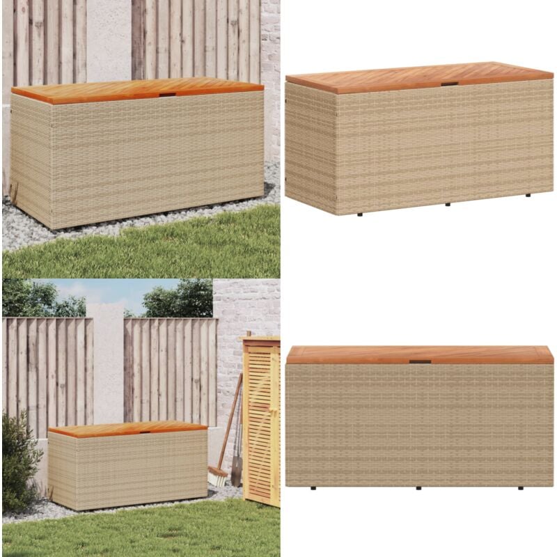 Boîte de rangement de jardin beige résine tressée bois d'acacia - Boîte De Rangement Jardin - Coffre De Jardin - Rangement Extérieur - Meuble De