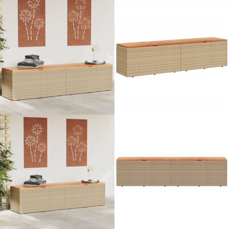 Boîte de rangement de jardin beige résine tressée bois d'acacia - Boîte De Rangement Jardin - Coffre De Jardin - Rangement Exterieur - Meuble De