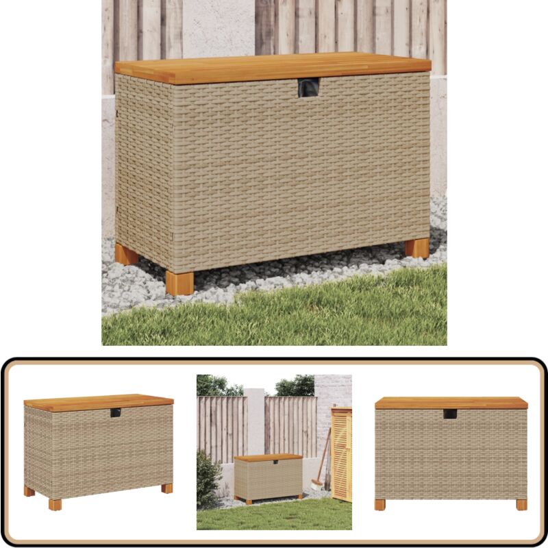 Boîte de rangement de jardin beige résine tressée bois d'acacia - Boîte De Rangement Jardin - Coffre De Jardin - Rangement Extérieur - Rangement
