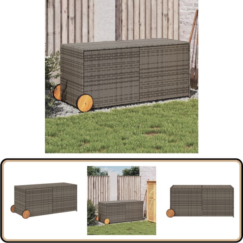 Boîte de rangement de jardin et roues gris 283L résine tressée - Boîte De Rangement Jardin - Coffre De Jardin - Rangement Extérieur - Résine Tressée