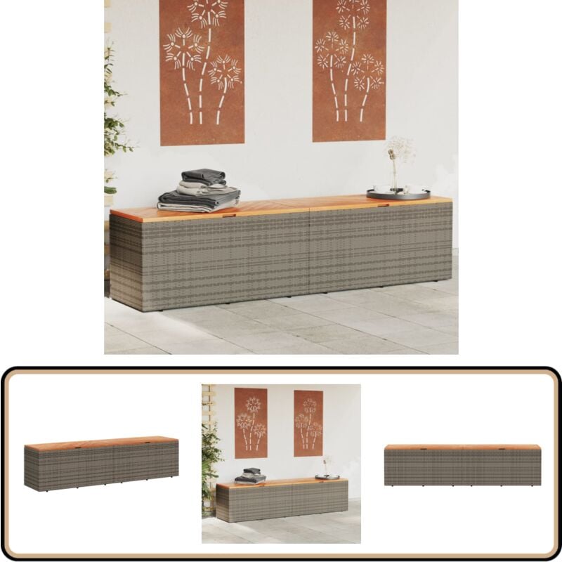 Boîte de rangement de jardin gris résine tressée bois d'acacia - Boîte De Rangement Jardin - Coffre De Jardin - Rangement Exterieur - Meuble De