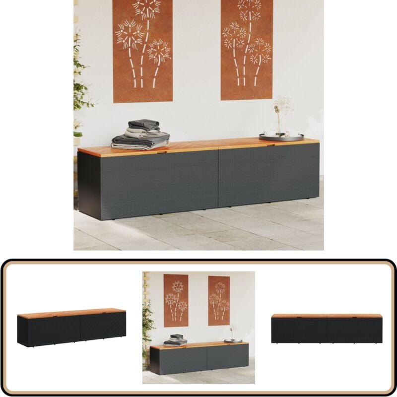 Boîte de rangement de jardin noir résine tressée bois d'acacia - Boîte De Rangement Jardin - Coffre De Jardin - Rangement Exterieur - Meuble De