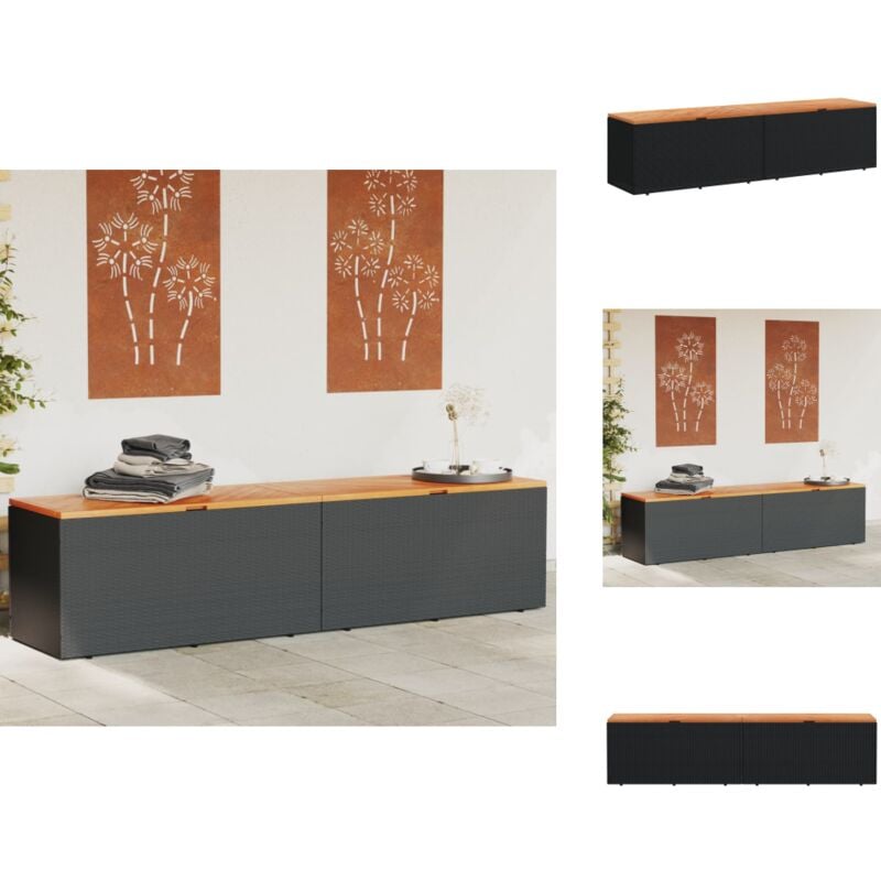 Boîte de rangement de jardin noir résine tressée bois d'acacia - Boîte De Rangement Jardin - Coffre De Jardin - Rangement Exterieur - Meuble De