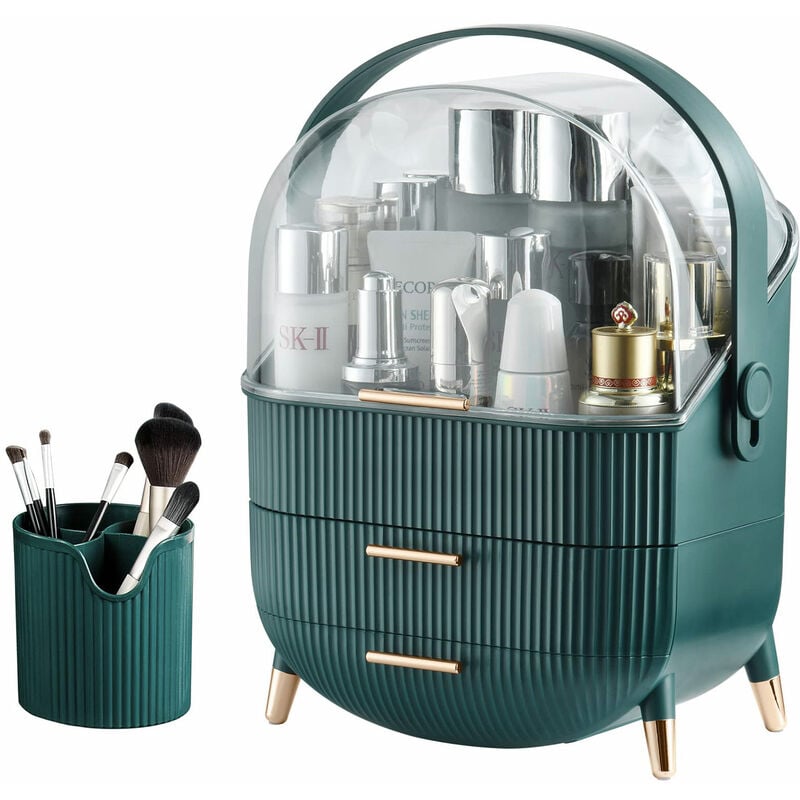 Jusch - Boîte de rangement de maquillage transparente avec porte-pinceaux de maquillage avec 2 tiroirs, vert/transparent