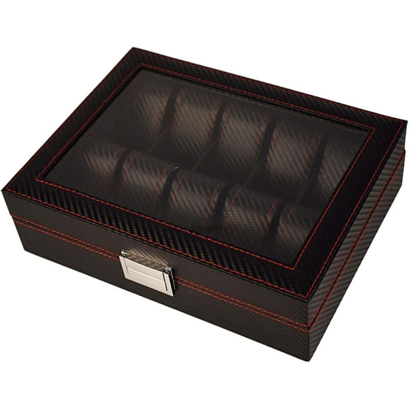 Boîte de Rangement de Montre étui de Support de Montre en Cuir en Fibre de Carbone Bijoux Bracelet Collection Organisateur avec Couvercle en Verre