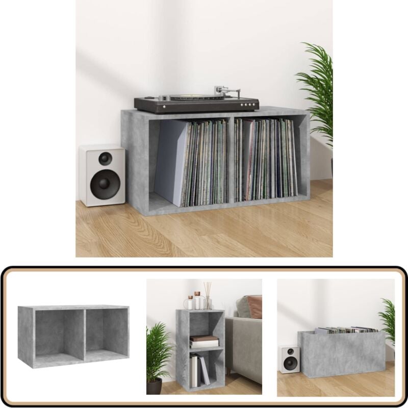 Boîte de rangement de vinyles Gris béton 71x34x36 cm - Boîte De Rangement Vinyl - Rangement Disque Vinyle - Meuble Rangement Vinyle - Boitier Lp