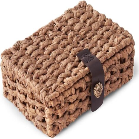 Boîte de rangement décorative en rotin avec couvercle, panier de rangement tressé en jacinthe d'eau, marron 28,5 x 20 x 9,5 cm