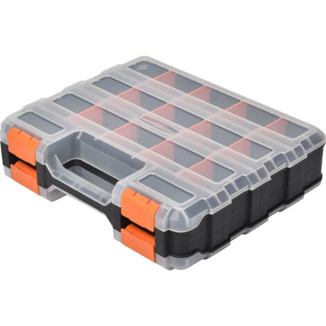 Boîte de rangement double face 320 x 270 x 80 mm – 2 côtés pour petites pièces avec 30 boîtes d'insertion, à accessoires – Boîte à vis, à outils robuste,Orange