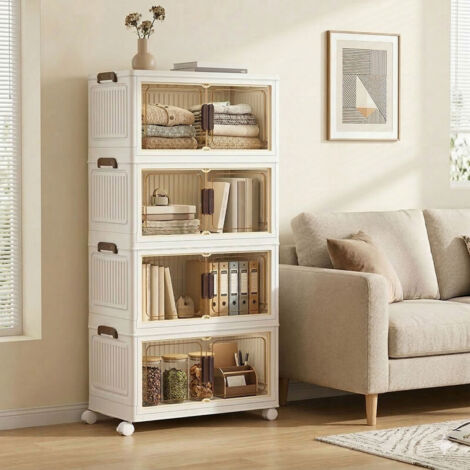 Boîte de Rangement Empilable sur Roulettes, Organisateur 4 Niveaux, en Plastique, Grande Capacité, Blanc