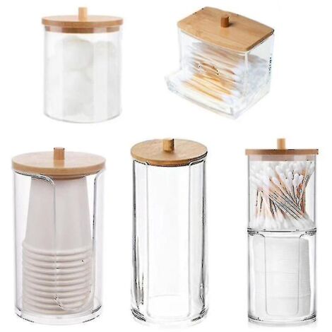 Boîte de rangement en acrylique pour salle de bain, pot de maquillage, organisateur de maquillage, porte-coton ronds, boîte à cotons-tiges, distributeur avec couvercle en bambou