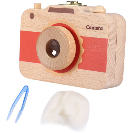 Boîte de rangement en bois motif appareil photo pour dents de lait et cheveux de bébé (rouge)