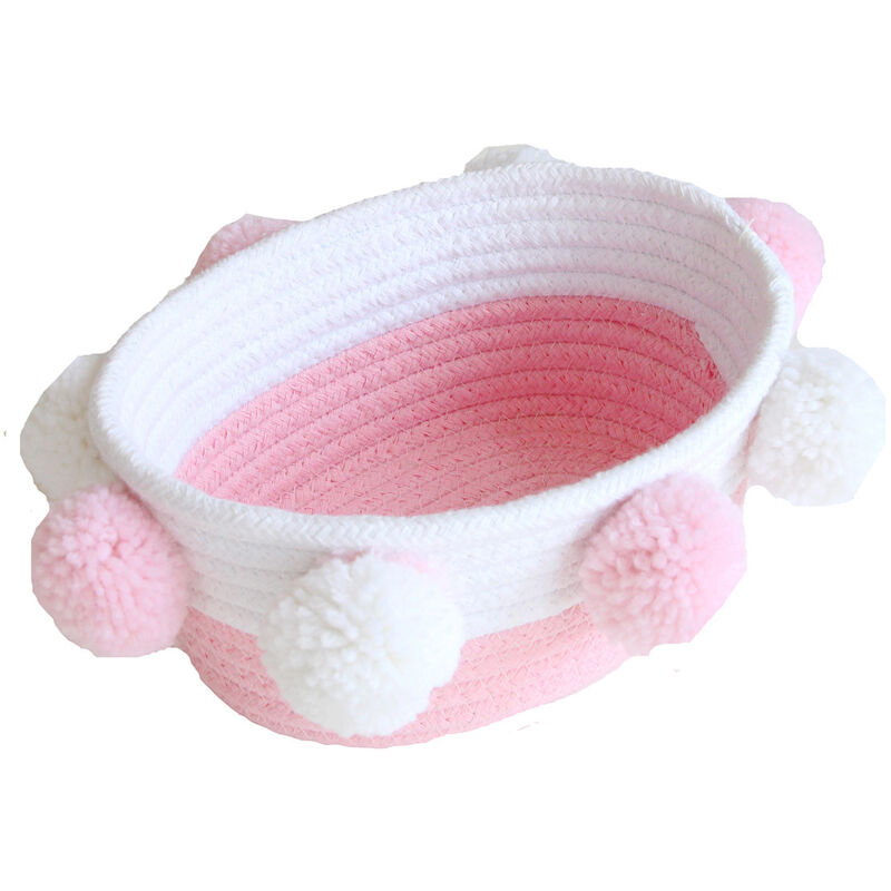 Boîte de Rangement en Corde de Coton Petit Panier Stockage de Bureau étagères Pliable Organisateur Décoratif Pompons - Rose&Blanc