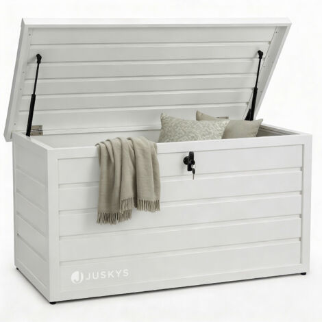 Boîte de rangement en métal Juskys Limani 380 litres - Boîte d'extérieur - étanche, verrouillable - boîte de jardin, boîte à coussins, coffre pour coussins pour jardin Blanc