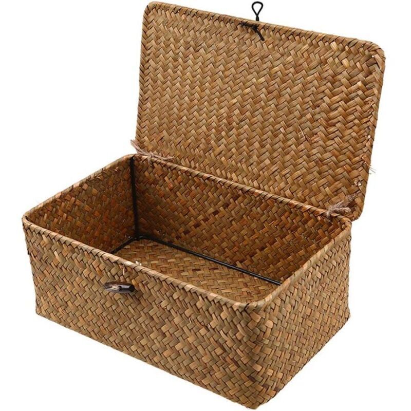 Boîte de rangement en osier tressé avec couvercle, panier rectangulaire en jonc de mer, étagère en rotin