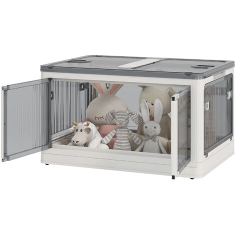 Boîte de rangement en plastique blanc 69L avec couvercle, empilable et pliable, 5 ouvertures et roulettes