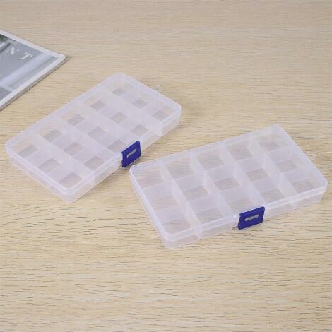 Boîte de rangement en plastique, lot de 2 boîtes de rangement transparentes pour perles, accessoires de bijouterie, boucles d'oreilles et autres créations (15 compartiments)