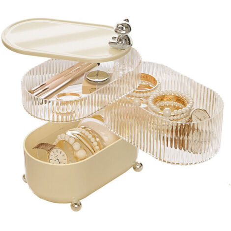 Boîte de rangement en plastique rotative à trois couches avec tiroir - Grand comptoir pour bijoux de beauté et de soins de la peau