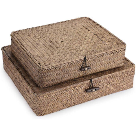 Boîte de rangement en rotin tressé plat en 2 pièces avec couvercle, panier en algues naturelles, boîte multifonctionnelle pour le rangement sur étagère (café)