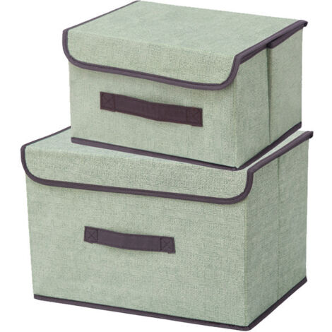 boîte de rangement en tissu imitation lin pliable avec couvercle et poignée couleur vert clair dimensions 25 cm x 19 cm x 16 cm pour ranger livres jouets et vêtements anti poussière