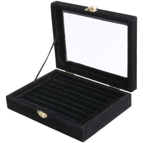 Boîte de Rangement en Velours avec Couvercle en Verre pour Bijoux Bagues Boucles d'Oreilles Noir