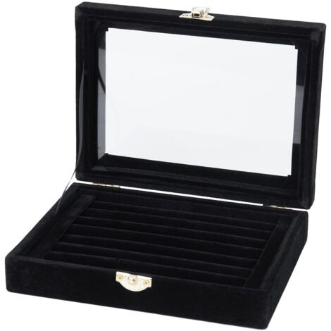 Boite de Rangement en Velours et Verre d'affichage pour Bague Boucle d'oreille Bijoux Porte-Plateau Boitier de Rangement, Noir