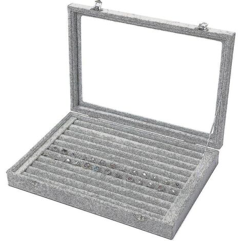 Boîte de rangement en velours HOMEWE pour bagues - Présentoir à bijoux avec couvercle en verre transparent - Peut contenir des bagues, boucles d'oreilles, pendentifs et boutons de manchette - Gris