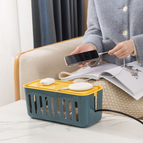 Boîte de rangement et gestion de fils avec dissipation thermique pour multiprise, capacité 6 ports, design bleu et jaune