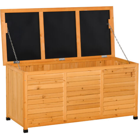 Boîte de rangement extérieure en bois avec couvercle ouvrant et store de design 127x56x60 cm naturel